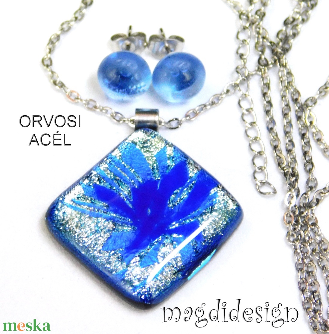 Búzavirág ezüsben dichroic üvegékszer szett nyaklánc stiftes fülbevaló  - ékszer - ékszerszett - Meska.hu