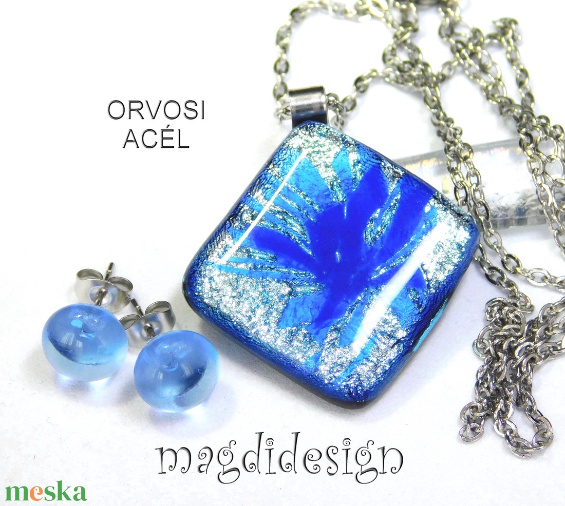 Búzavirág ezüsben dichroic üvegékszer szett nyaklánc stiftes fülbevaló  - ékszer - ékszerszett - Meska.hu
