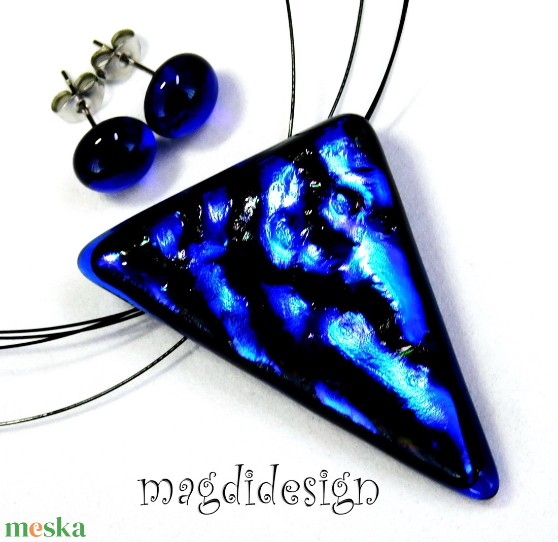 MAXI Fekete kék dichroic üvegékszer szett, nyaklánc, fülbevaló  - ékszer - ékszerszett - Meska.hu