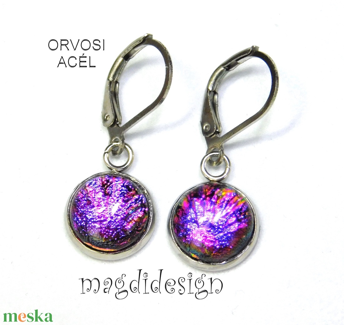 NEMESACÉL! Pink tűzijáték dichroic üvegékszer lógós kapcsos fülbevaló - ékszer - fülbevaló - lógó fülbevaló - Meska.hu