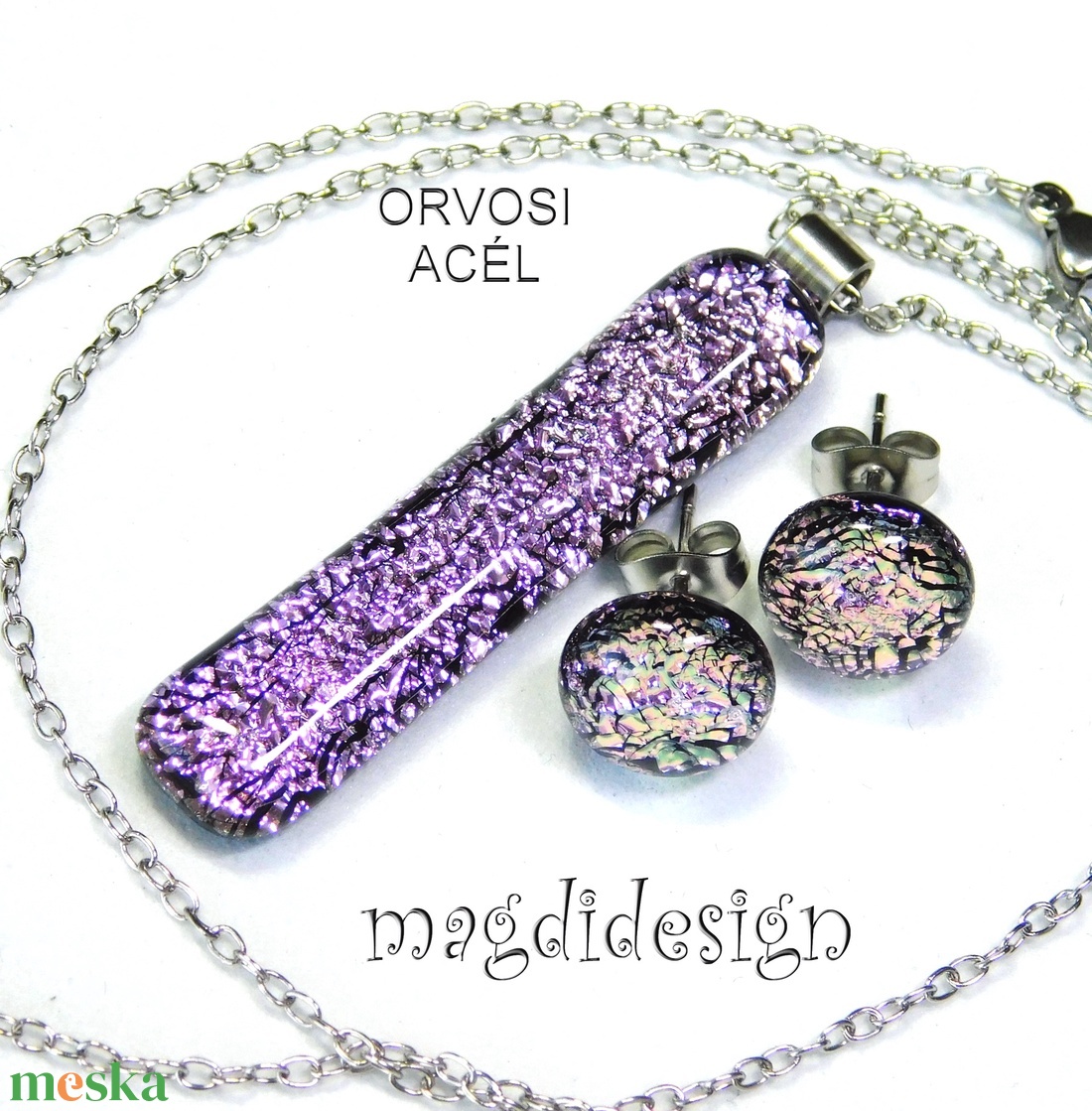 Szikrázó rózsaszín dichroic üvegékszer szett nyaklánc stiftes fülbevaló - ékszer - ékszerszett - Meska.hu Szikrázó rózsaszín dichroic üvegékszer szett nyaklánc stiftes fülbevaló - ékszer - ékszerszett - Meska.hu
