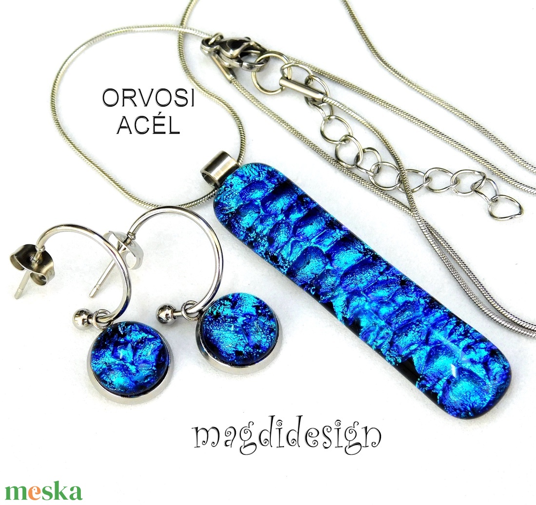 Kék dichroic üvegékszer szett nyaklánc, lógós fülbevaló - ékszer - ékszerszett - Meska.hu Kék dichroic üvegékszer szett nyaklánc, lógós fülbevaló - ékszer - ékszerszett - Meska.hu