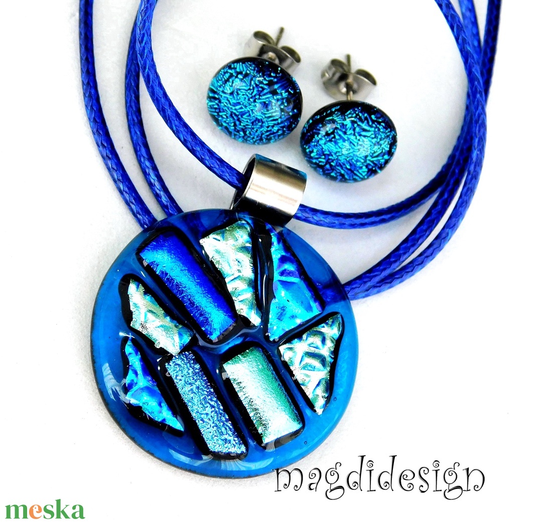 Kékség dichroic színkavalkád üvegékszer szett nyaklánc pötty fülbevaló - ékszer - ékszerszett - Meska.hu