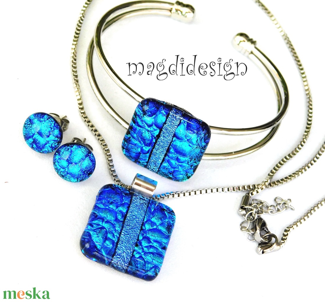 Kék dichroic üvegékszer szett nyaklánc, karkötő,  pötty fülbevaló  - ékszer - ékszerszett - Meska.hu