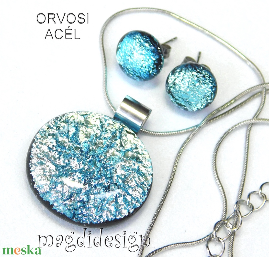  Szikrázó ezüst dichroic üvegékszer szett nyaklánc stiftes fülbevaló - ékszer - ékszerszett - Meska.hu
