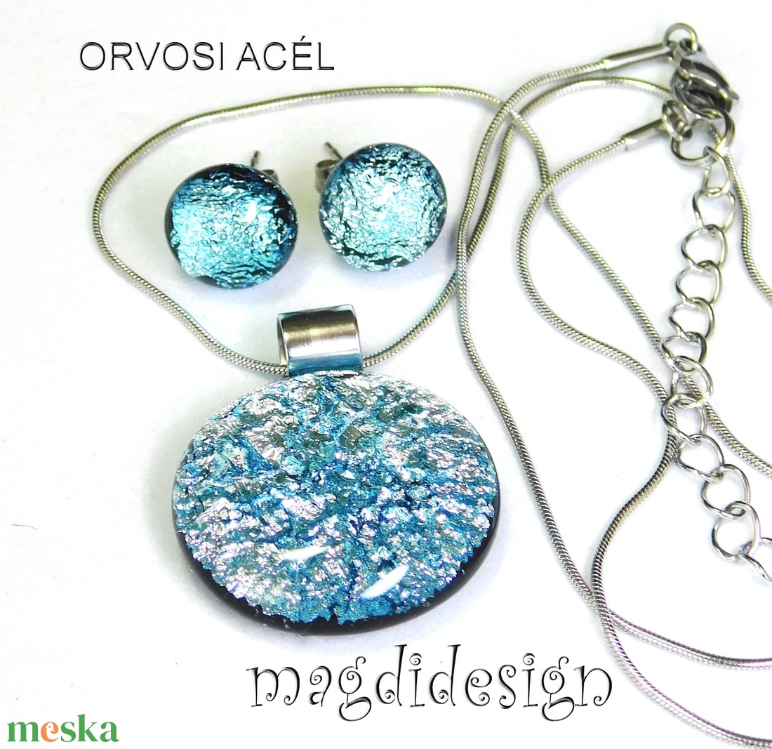  Szikrázó ezüst dichroic üvegékszer szett nyaklánc stiftes fülbevaló - ékszer - ékszerszett - Meska.hu