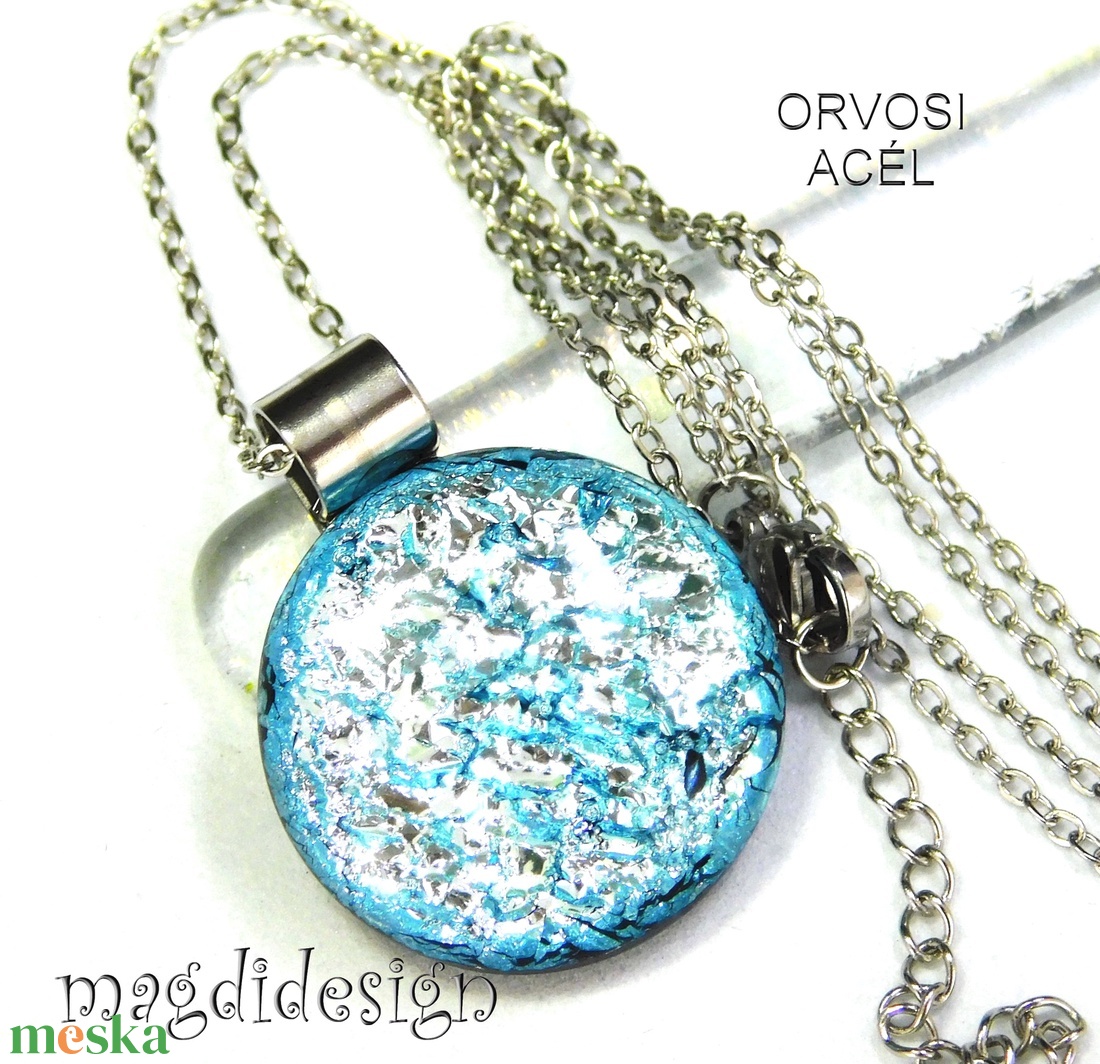 Ezüstös kék dichroic üvegékszer nyaklánc - ékszer - ékszerszett - Meska.hu