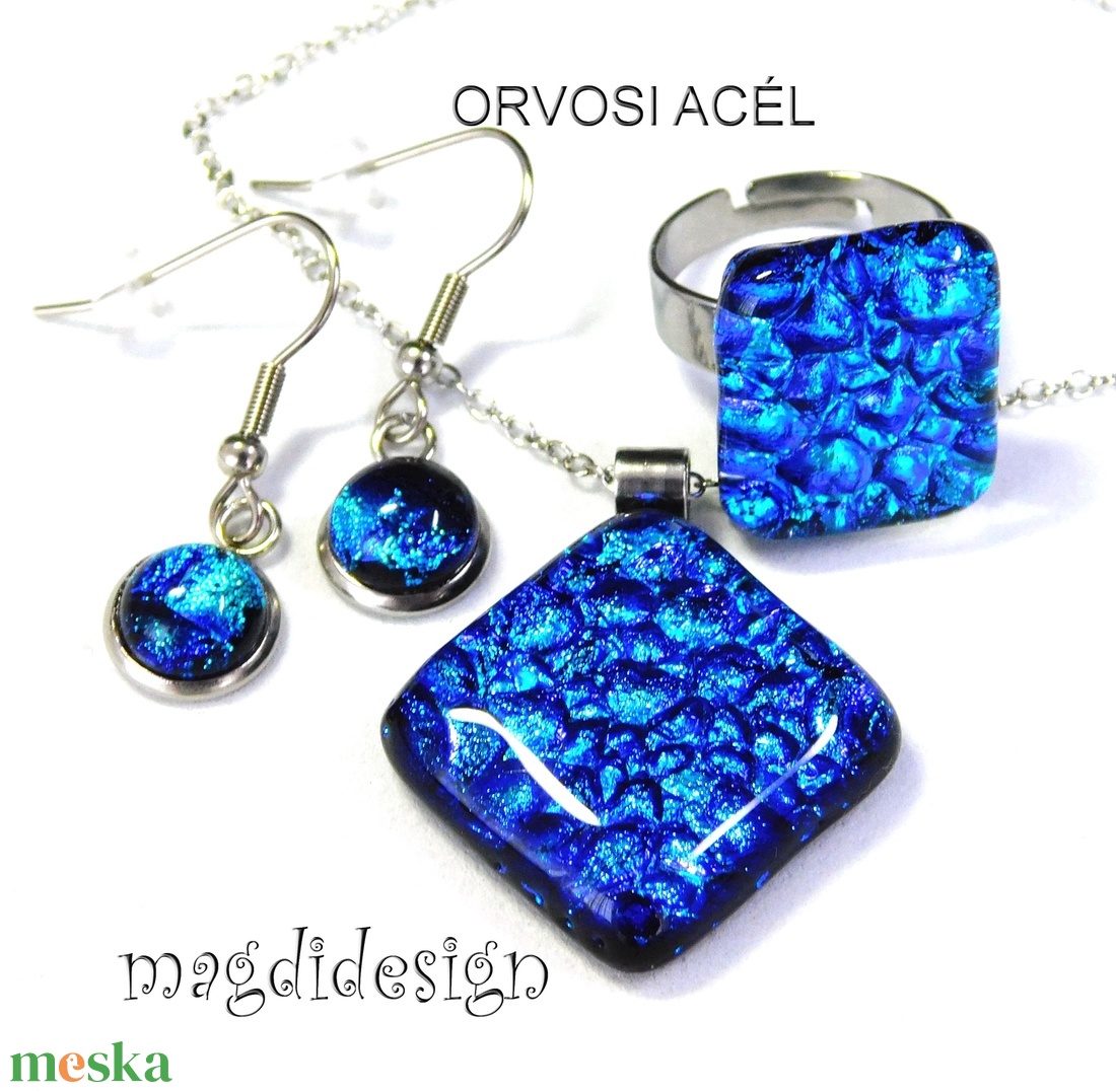 Kék dichroic üvegékszer szett nyaklánc, gyűrű, lógós fülbevaló  - ékszer - ékszerszett - Meska.hu