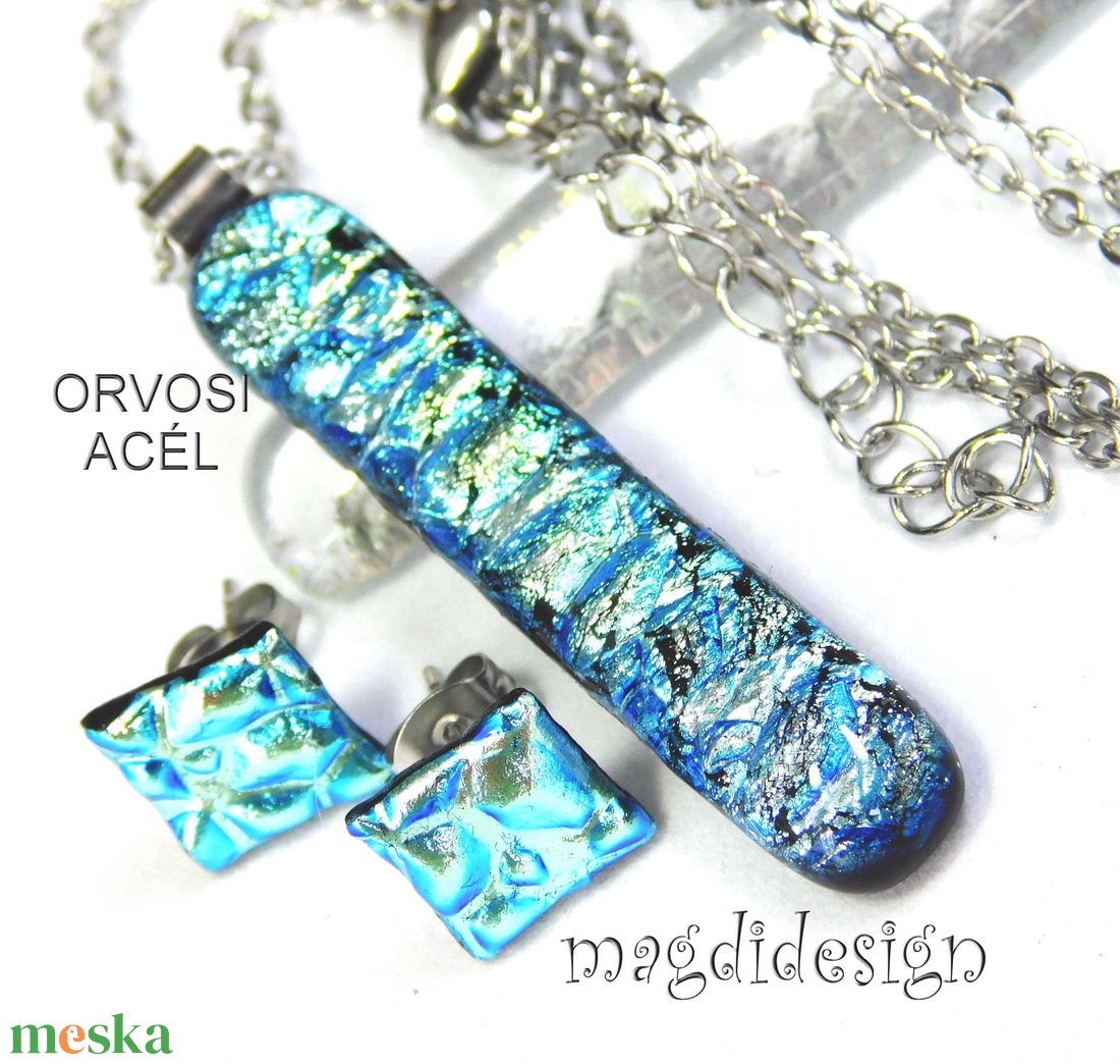 Ezüstös kék dichroic üvegékszer szett nyaklánc stiftes fülbevaló  1 - ékszer - ékszerszett - Meska.hu