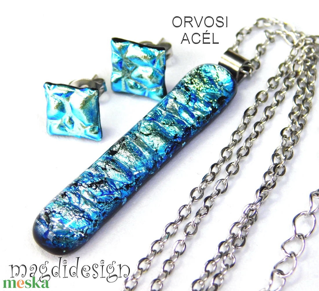 Ezüstös kék dichroic üvegékszer szett nyaklánc stiftes fülbevaló  1 - ékszer - ékszerszett - Meska.hu