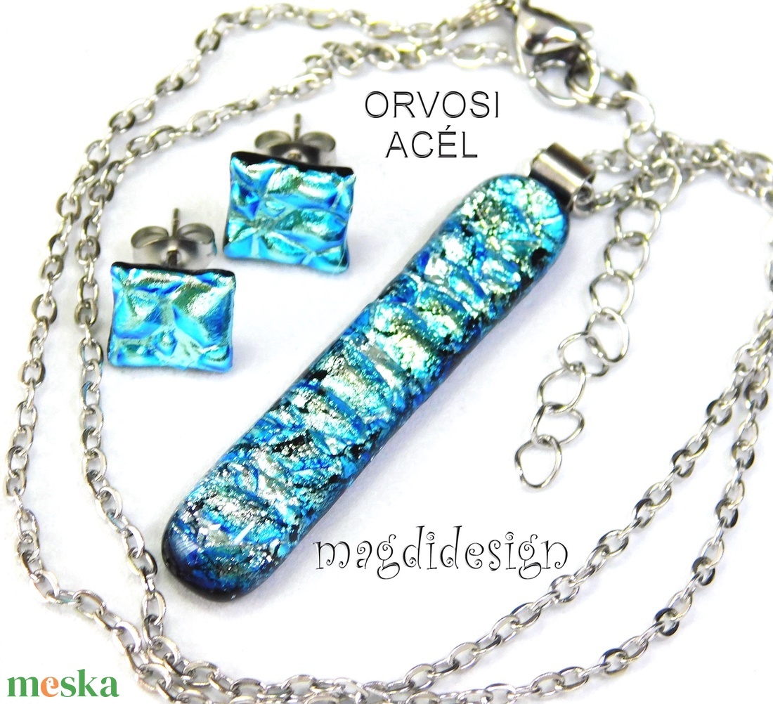 Ezüstös kék dichroic üvegékszer szett nyaklánc stiftes fülbevaló  1 - ékszer - ékszerszett - Meska.hu