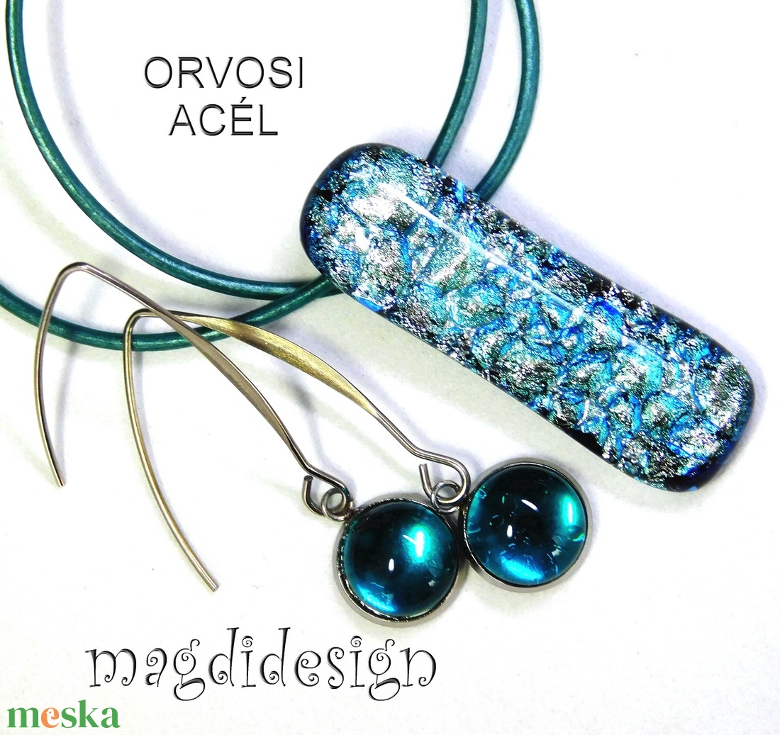 Ezüstös kék dichroic üvegékszer szett nyaklánc lógós fülbevaló  - ékszer - ékszerszett - Meska.hu
