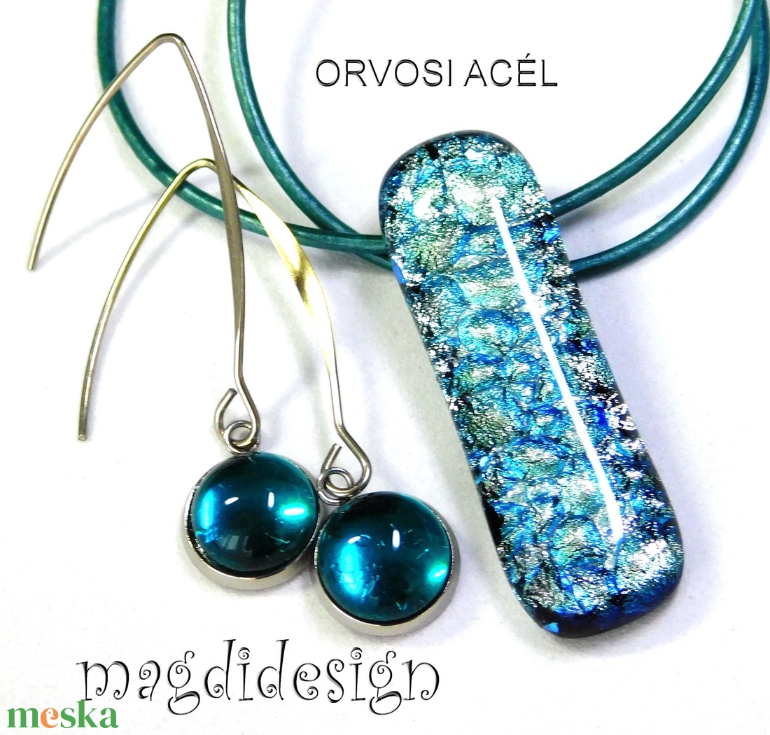 Ezüstös kék dichroic üvegékszer szett nyaklánc lógós fülbevaló  - ékszer - ékszerszett - Meska.hu