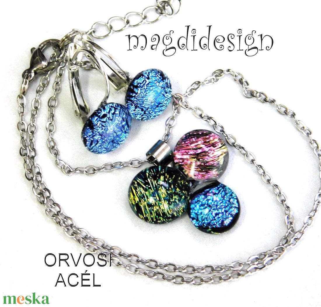 Kék-rózsaszín dichroic bogyós színtrió üvegékszer szett nyaklánc kapcsos fülbevaló - ékszer - ékszerszett - Meska.hu