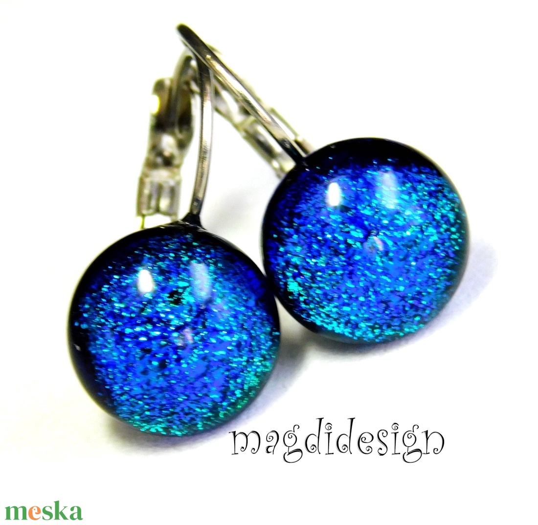  Kék selyem dichroic üvegékszer kapcsos fülbevaló - ékszer - fülbevaló - lógó fülbevaló - Meska.hu