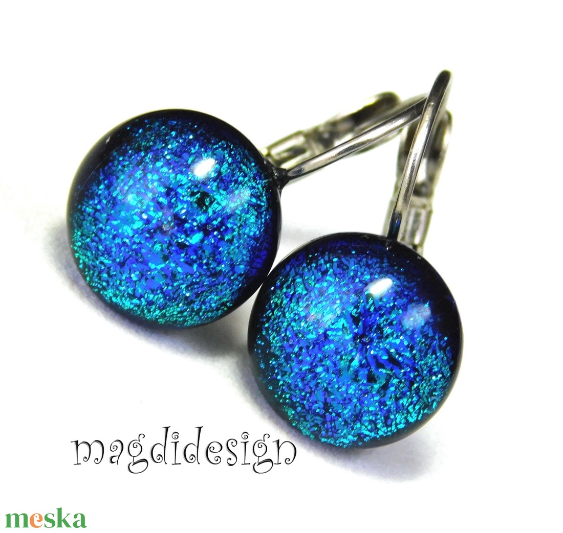  Kék selyem dichroic üvegékszer kapcsos fülbevaló - ékszer - fülbevaló - lógó fülbevaló - Meska.hu