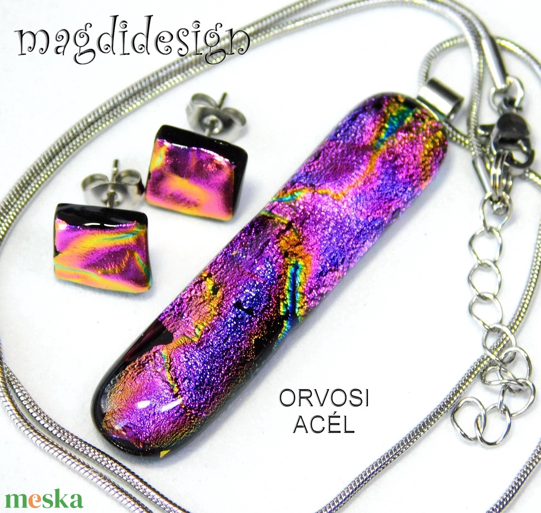 Bíbor-lila színjáték dichroic üvegékszer szett nyaklánc stiftes fülbevaló  - ékszer - ékszerszett - Meska.hu