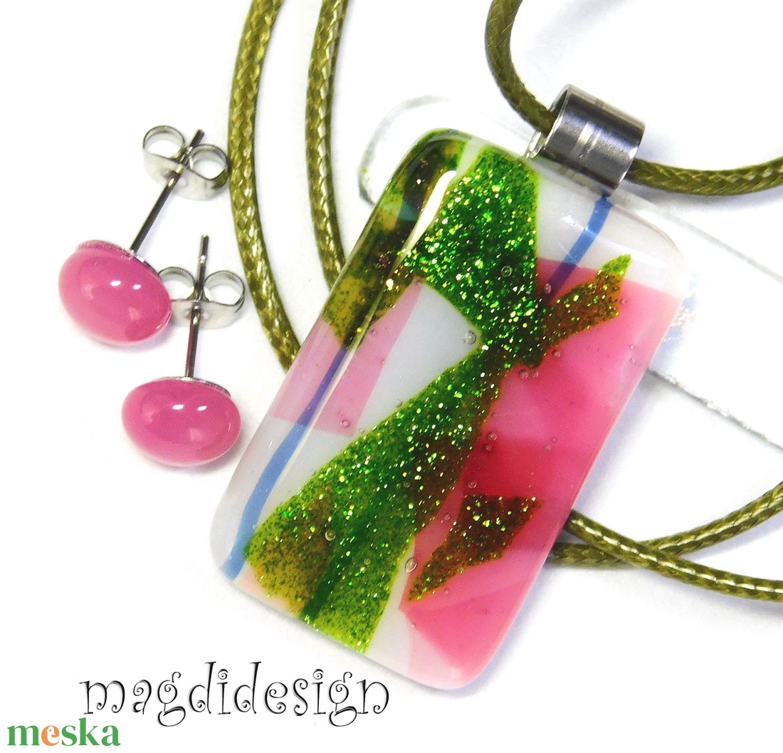 Rózsabokor üvegékszer szett nyaklánc stiftes fülbevaló 1 - ékszer - ékszerszett - Meska.hu