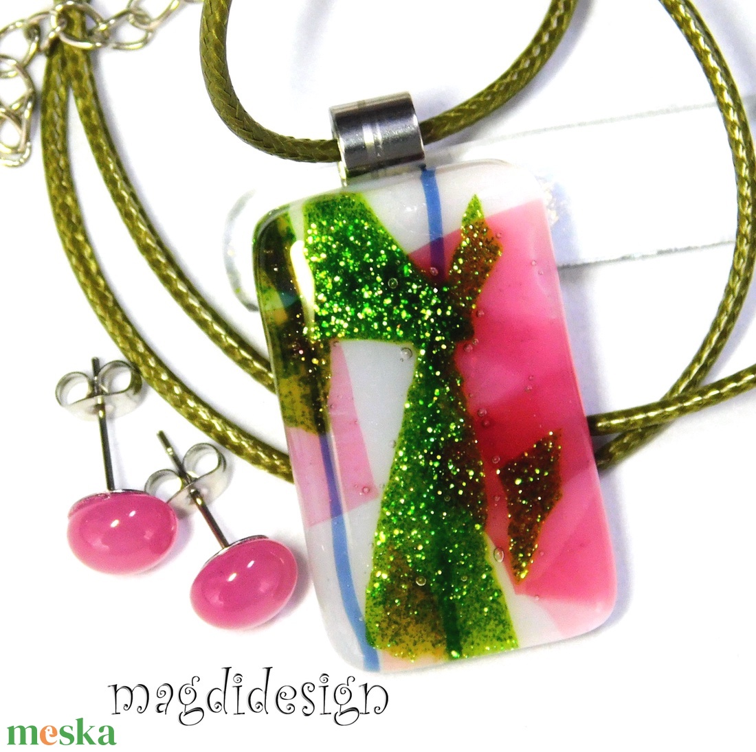 Rózsabokor üvegékszer szett nyaklánc stiftes fülbevaló 1 - ékszer - ékszerszett - Meska.hu