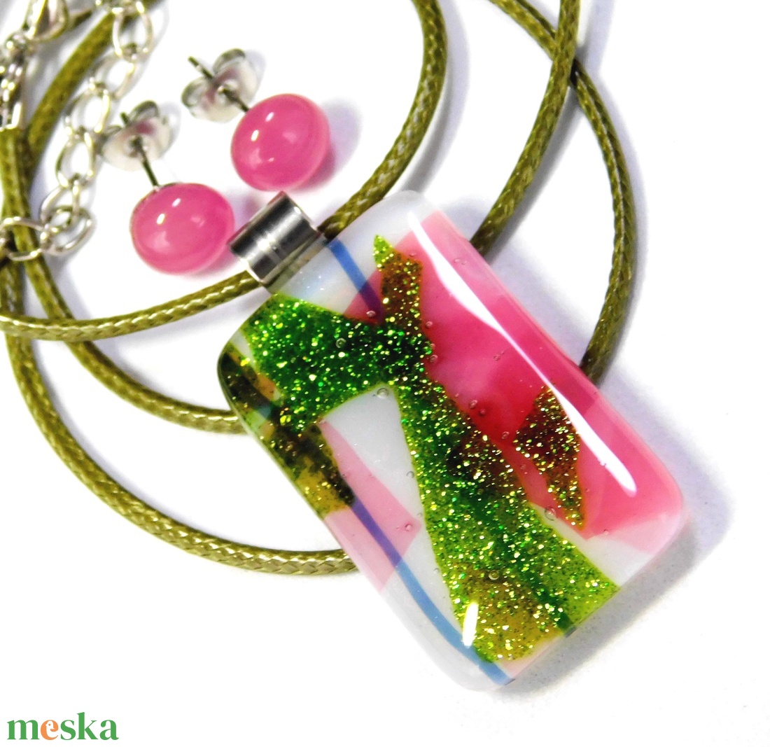 Rózsabokor üvegékszer szett nyaklánc stiftes fülbevaló 1 - ékszer - ékszerszett - Meska.hu