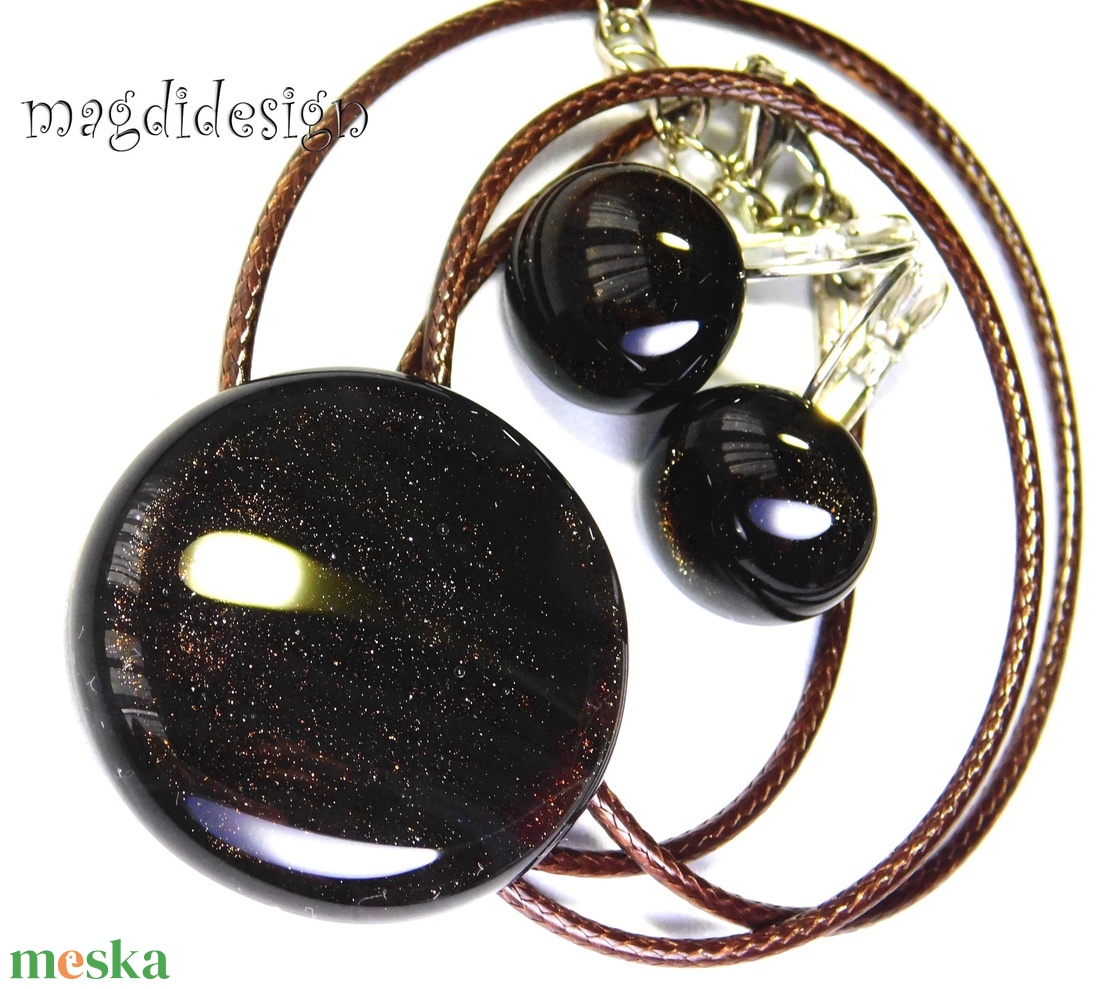 Trendi barna selyemfény üvegékszer szett, nyaklánc, kapcsos fülbevaló - ékszer - ékszerszett - Meska.hu