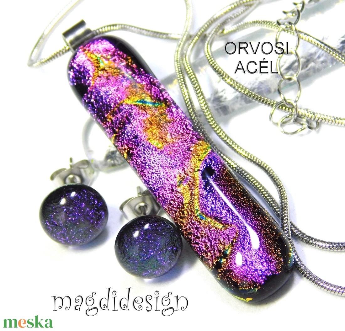 Bíbor-lila színjáték dichroic üvegékszer szett nyaklánc stiftes fülbevaló  1 - ékszer - ékszerszett - Meska.hu