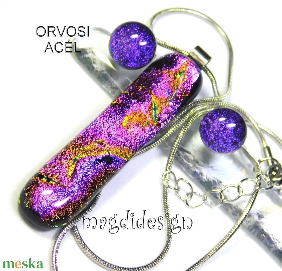 Bíbor-lila színjáték dichroic üvegékszer szett nyaklánc stiftes fülbevaló  1 - ékszer - ékszerszett - Meska.hu