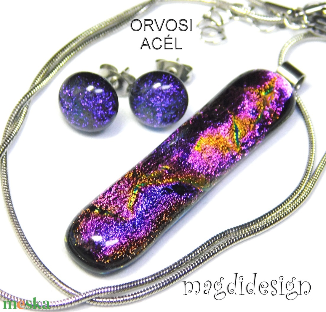 Bíbor-lila színjáték dichroic üvegékszer szett nyaklánc stiftes fülbevaló  1 - ékszer - ékszerszett - Meska.hu