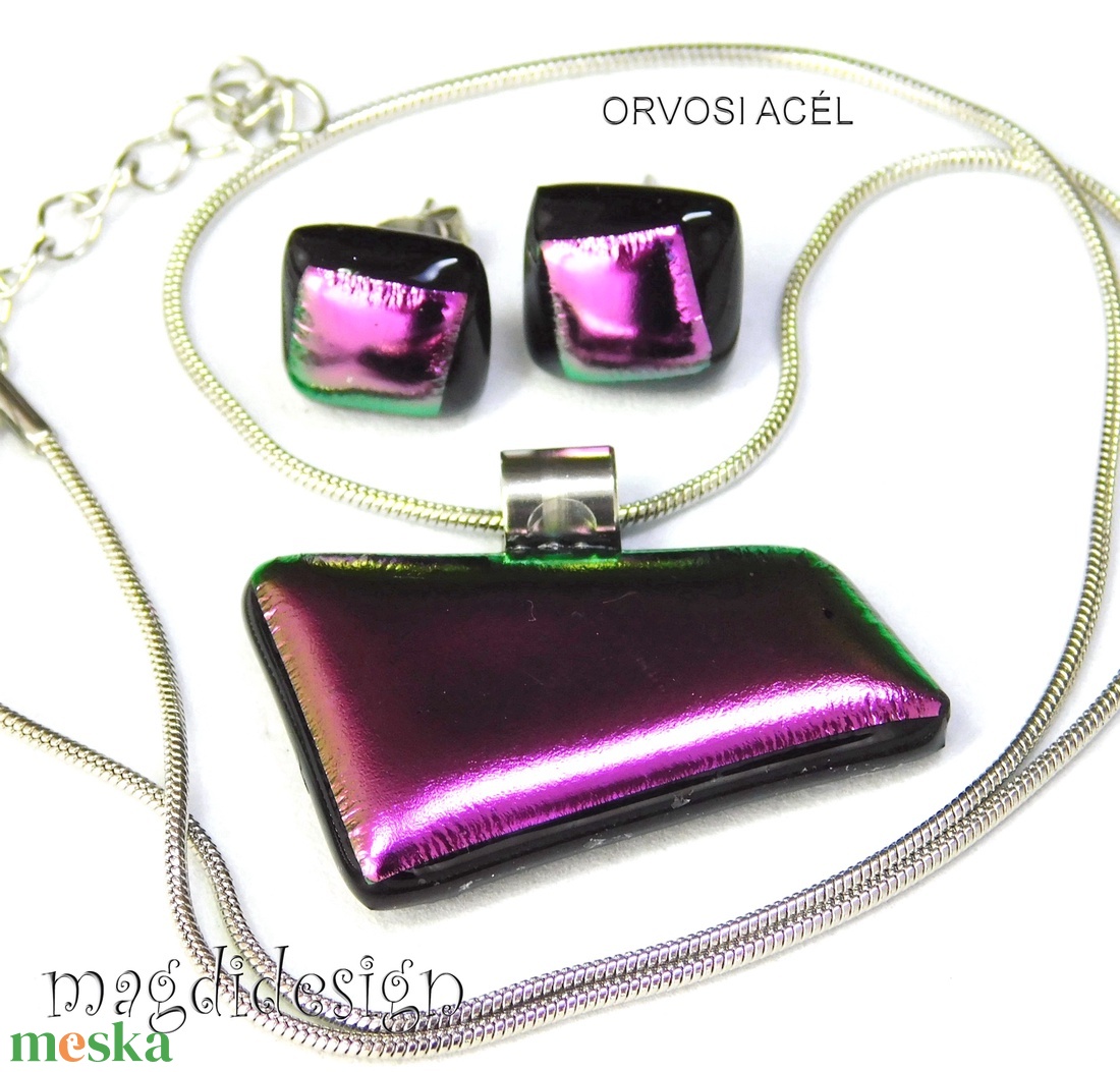 NEMESACÉL! Ciklámen dichroic üvegékszer szett nyaklánc, fülbevaló  - ékszer - ékszerszett - Meska.hu
