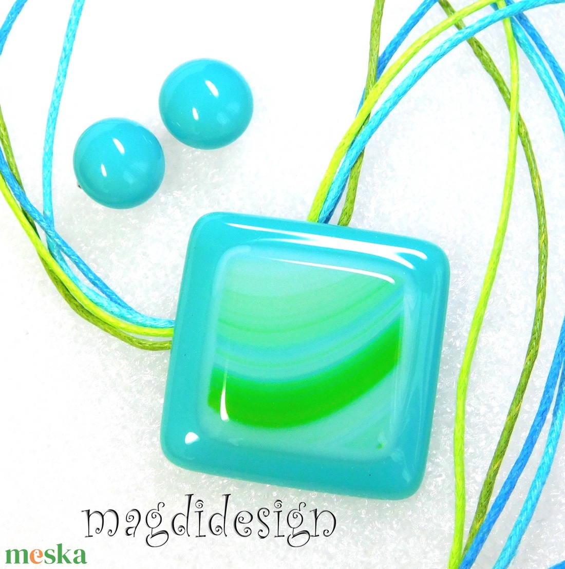 AKCIÓS! Türkiz-kék zöld hullámok üvegékszer szett, nyaklánc, pötty fülbevaló  - ékszer - ékszerszett - Meska.hu