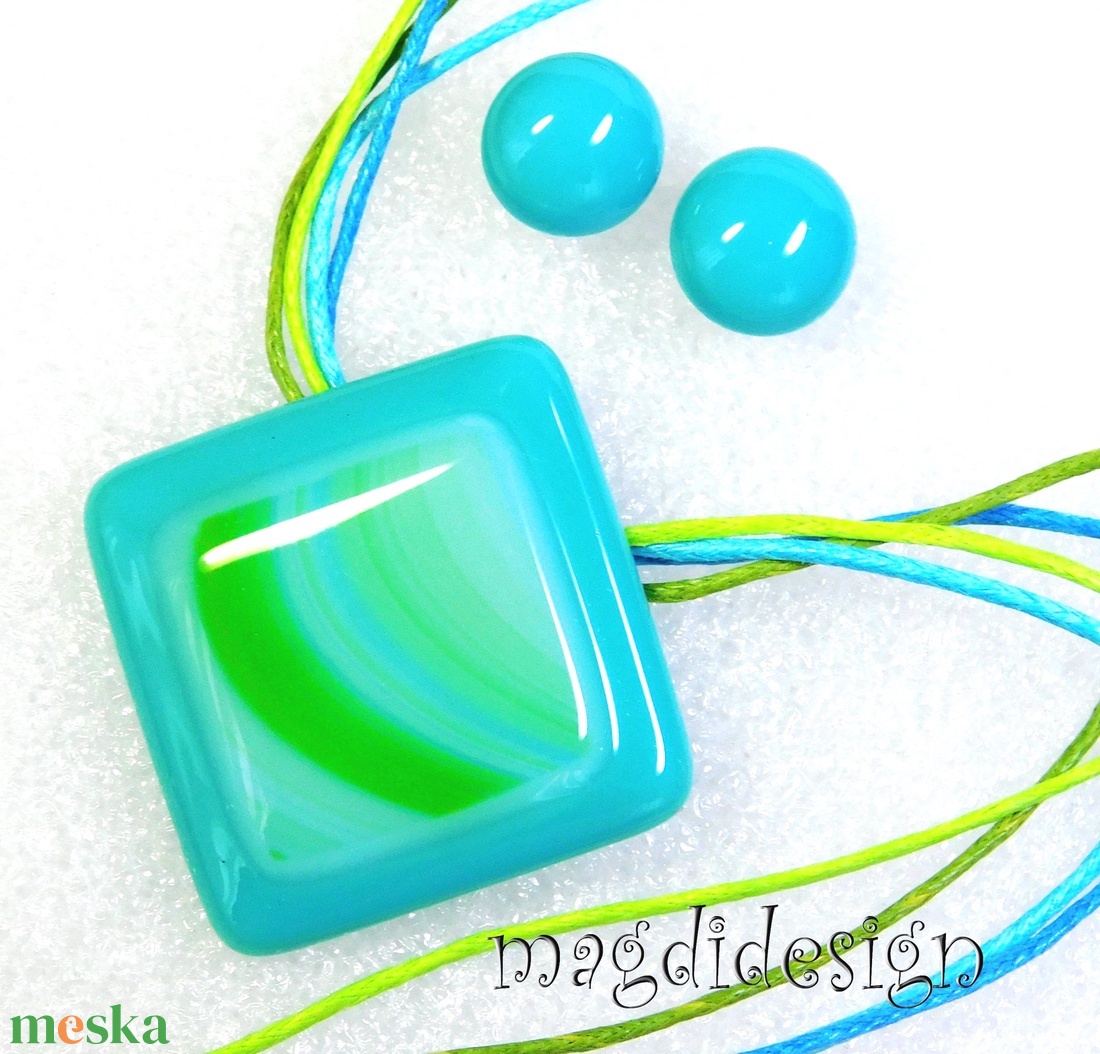 AKCIÓS! Türkiz-kék zöld hullámok üvegékszer szett, nyaklánc, pötty fülbevaló  - ékszer - ékszerszett - Meska.hu