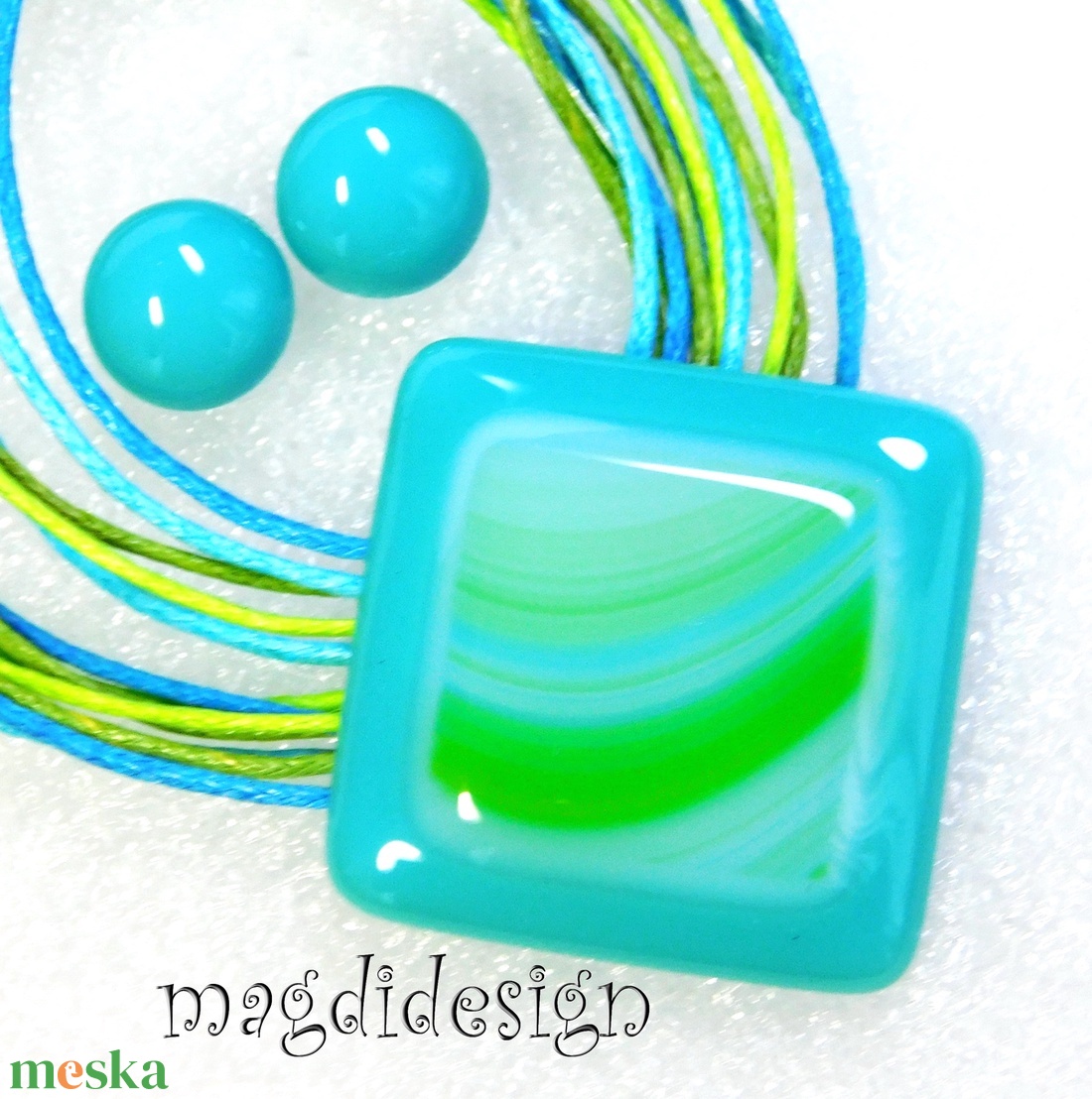 AKCIÓS! Türkiz-kék zöld hullámok üvegékszer szett, nyaklánc, pötty fülbevaló  - ékszer - ékszerszett - Meska.hu