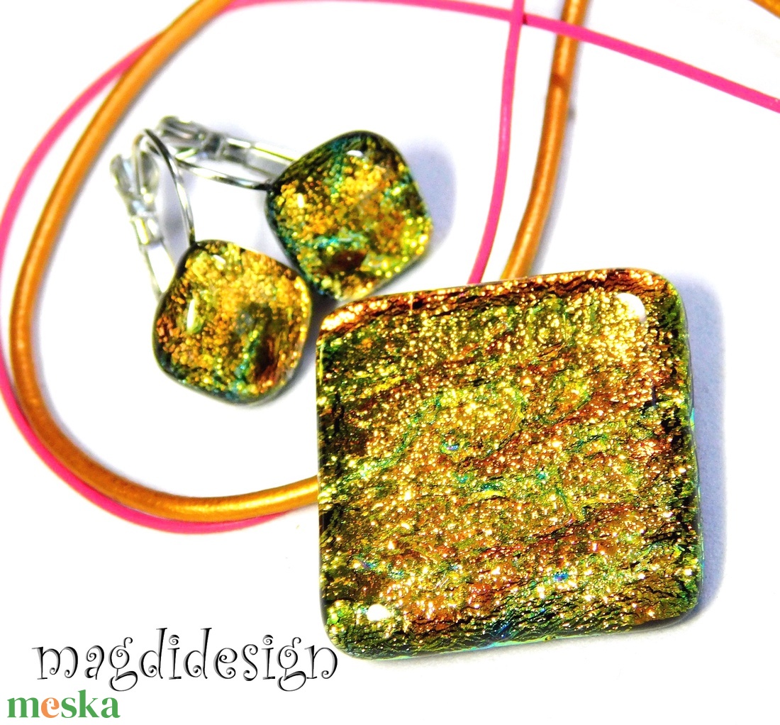 Arany-lazac üvegékszer szett nyaklánc kapcsos fülbevaló   - ékszer - ékszerszett - Meska.hu