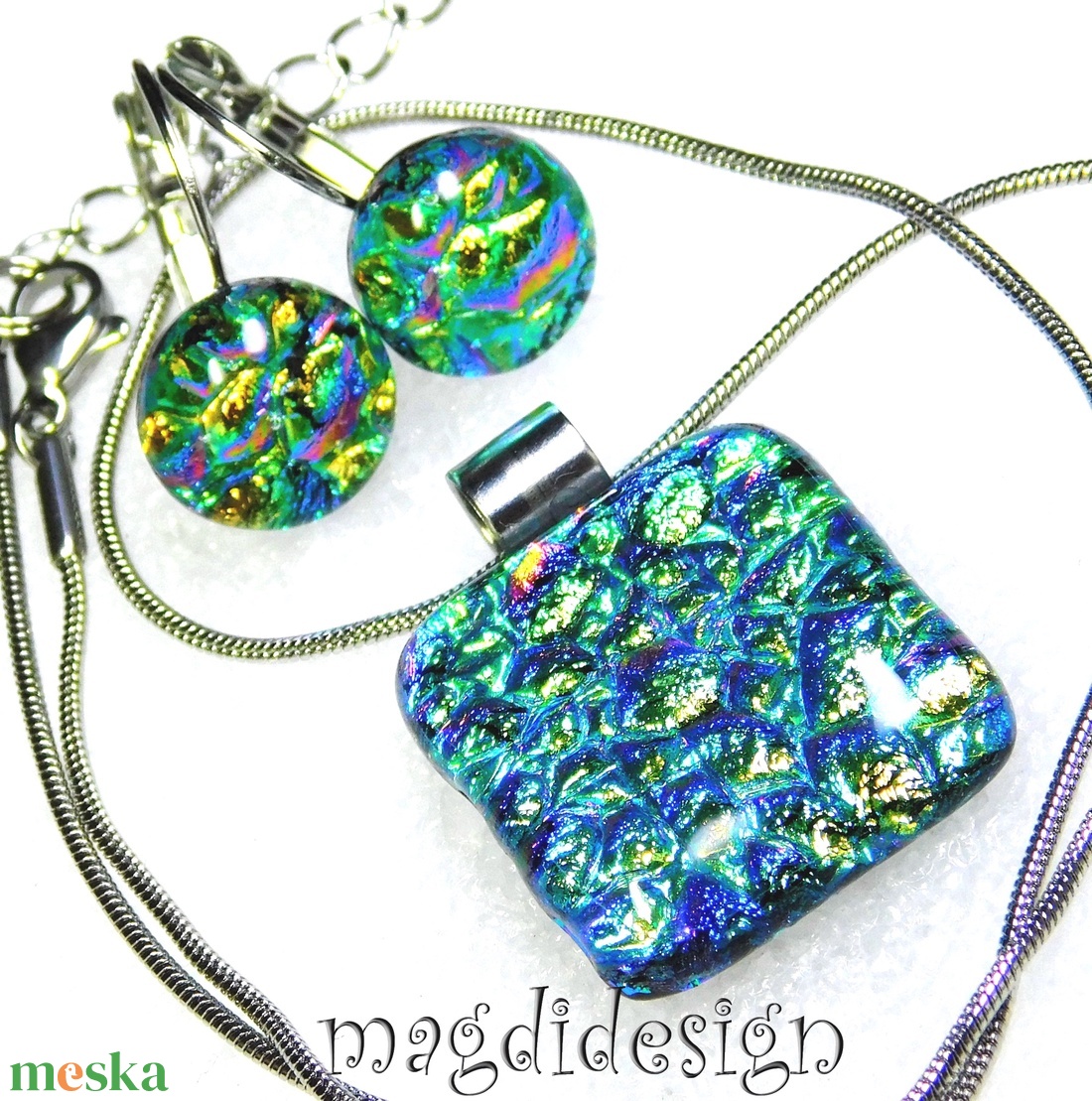 Színjátszó buborékok üvegékszer szett nyaklánc, kapcsos fülbevaló  - ékszer - ékszerszett - Meska.hu
