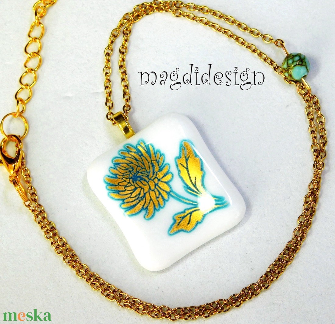 Arany-kék virág üvegékszer nyaklánc  - ékszer - nyaklánc - medálos nyaklánc - Meska.hu