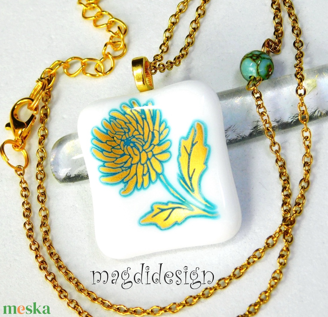 Arany-kék virág üvegékszer nyaklánc  - ékszer - nyaklánc - medálos nyaklánc - Meska.hu