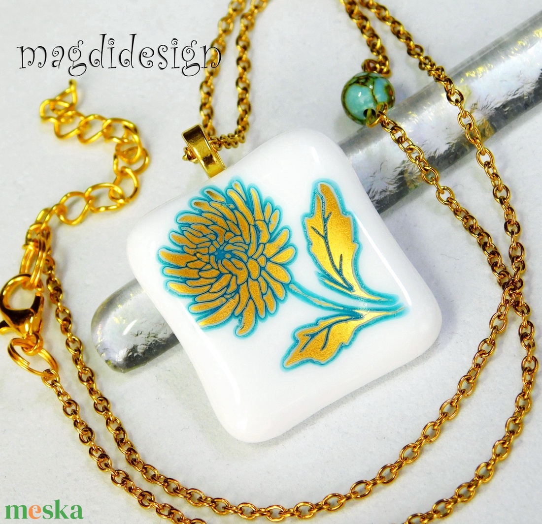 Arany-kék virág üvegékszer nyaklánc  - ékszer - nyaklánc - medálos nyaklánc - Meska.hu