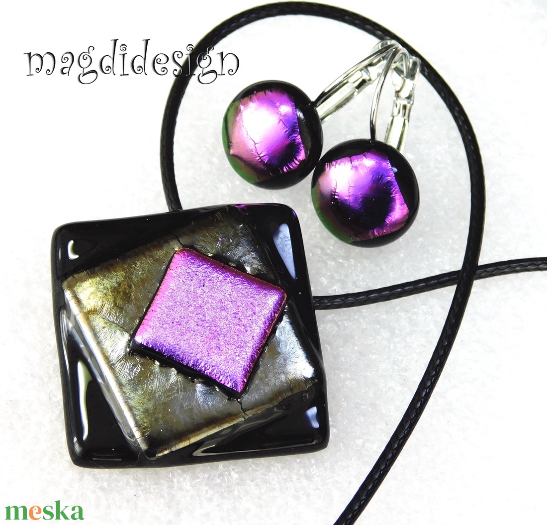 Fekete-ezüst-arany-ciklámen absztrakt üvegékszer szett nyaklánc, kapcsos fülbevaló - ékszer - ékszerszett - Meska.hu
