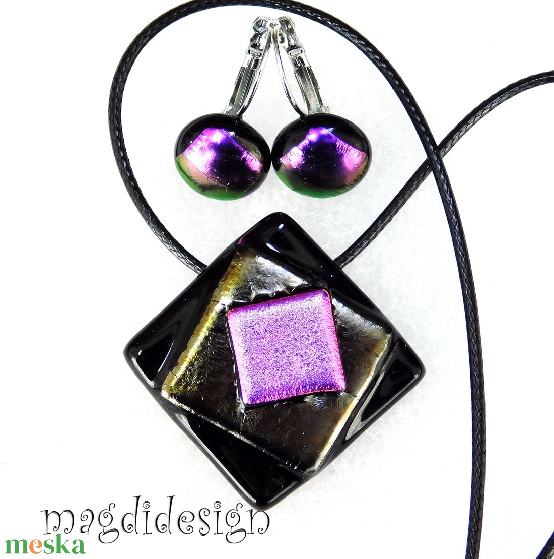 Fekete-ezüst-arany-ciklámen absztrakt üvegékszer szett nyaklánc, kapcsos fülbevaló - ékszer - ékszerszett - Meska.hu