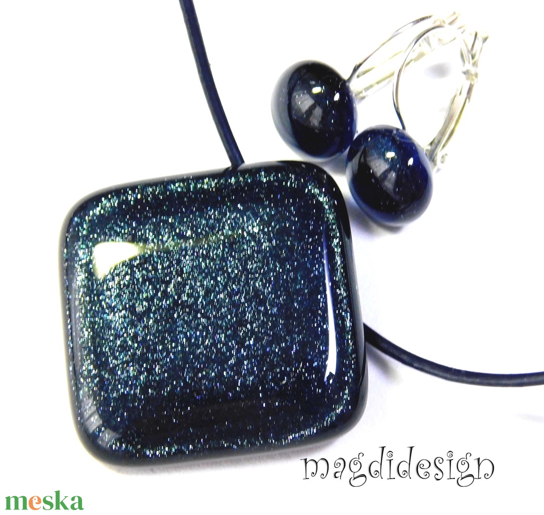 Acélkék csillaghullás üvegékszer szett, nyaklánc, kapcsos fülbevaló - ékszer - ékszerszett - Meska.hu