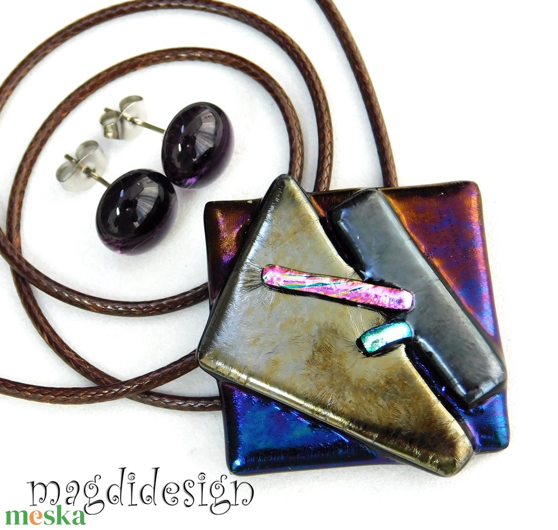 Absztrakt üvegékszer szett nyaklánc, stiftes fülbevaló 2 - ékszer - ékszerszett - Meska.hu
