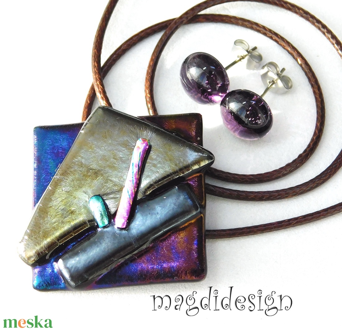 Absztrakt üvegékszer szett nyaklánc, stiftes fülbevaló 2 - ékszer - ékszerszett - Meska.hu