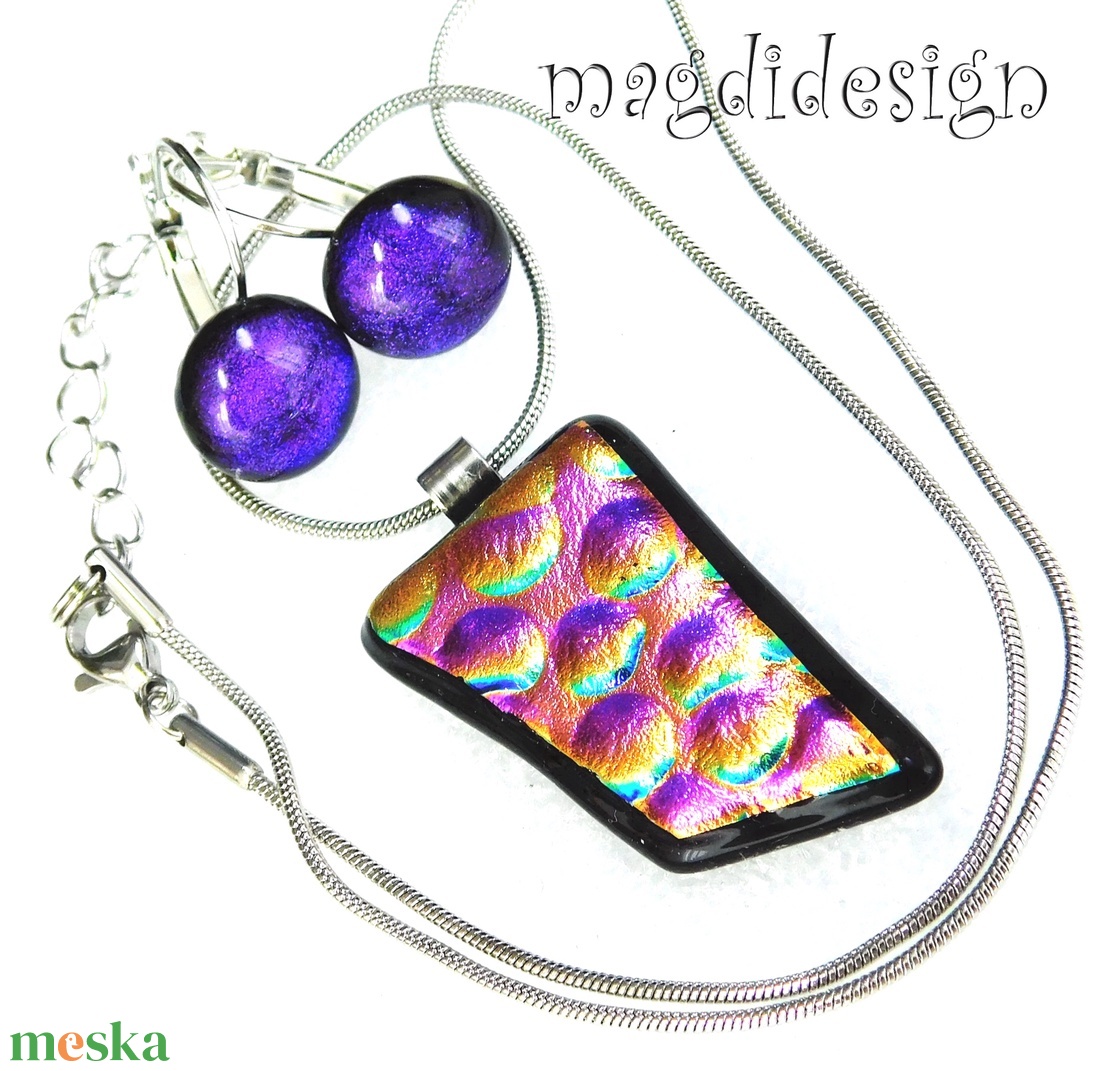Dichroic buborékok üvegékszer szett nyaklánc, kapcsos fülbevaló 1 - ékszer - ékszerszett - Meska.hu