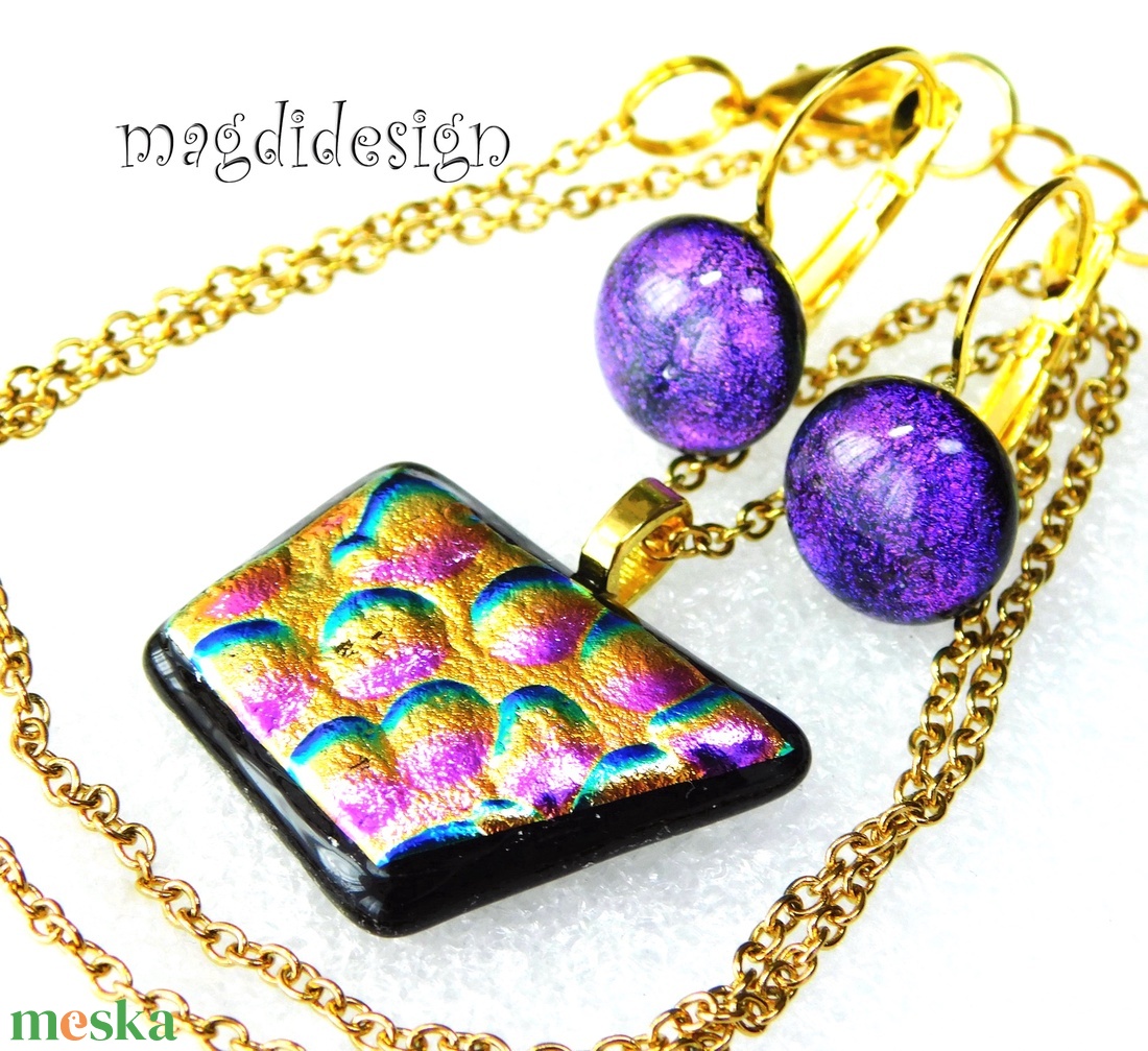 Dichroic buborékok üvegékszer szett nyaklánc, kapcsos fülbevaló 1 - ékszer - ékszerszett - Meska.hu