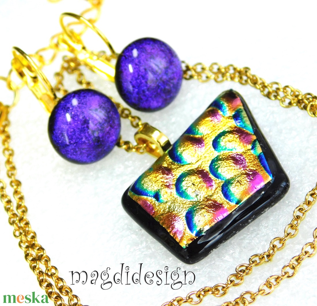 Dichroic buborékok üvegékszer szett nyaklánc, kapcsos fülbevaló 1 - ékszer - ékszerszett - Meska.hu