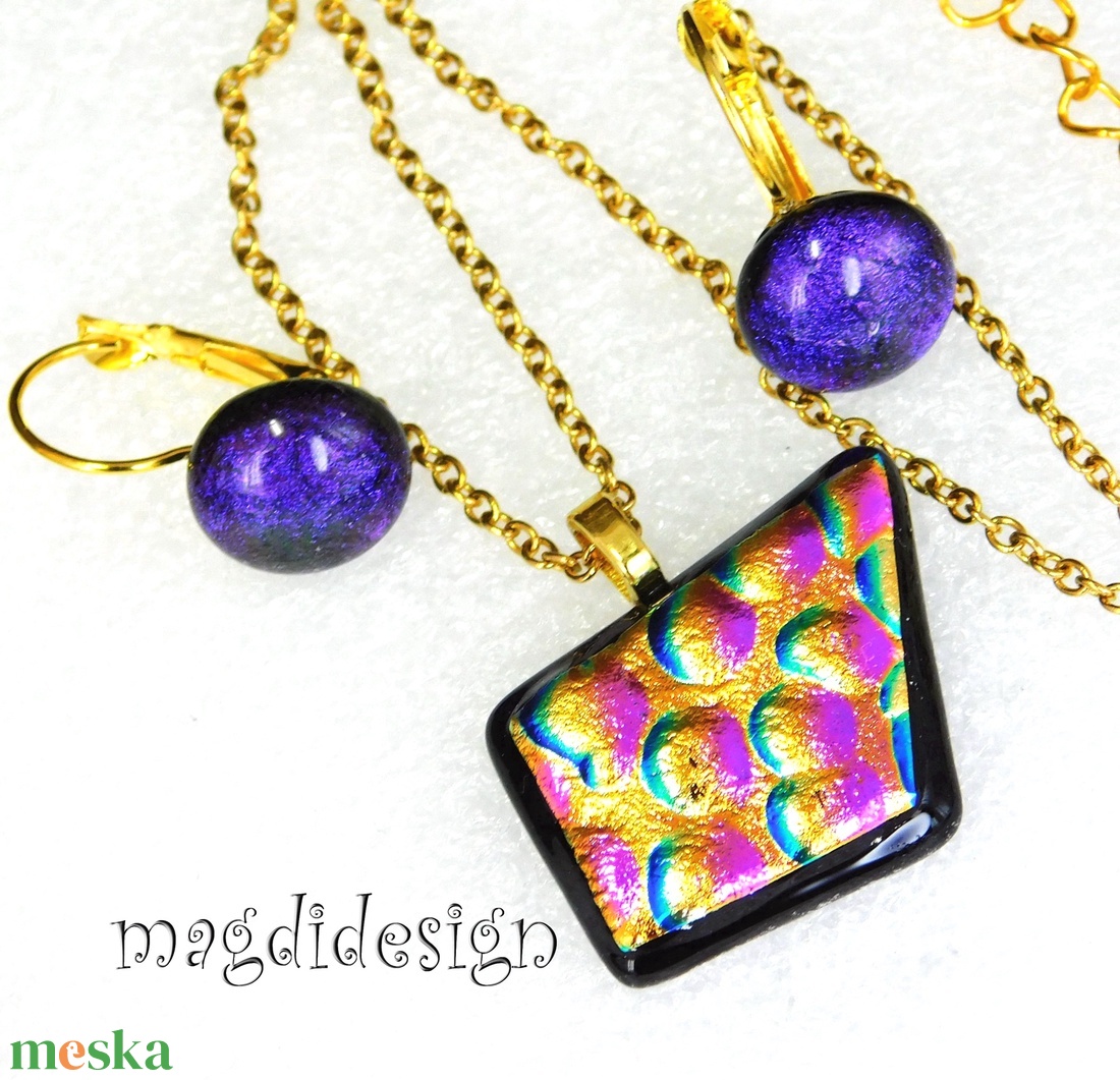 Dichroic buborékok üvegékszer szett nyaklánc, kapcsos fülbevaló 1 - ékszer - ékszerszett - Meska.hu