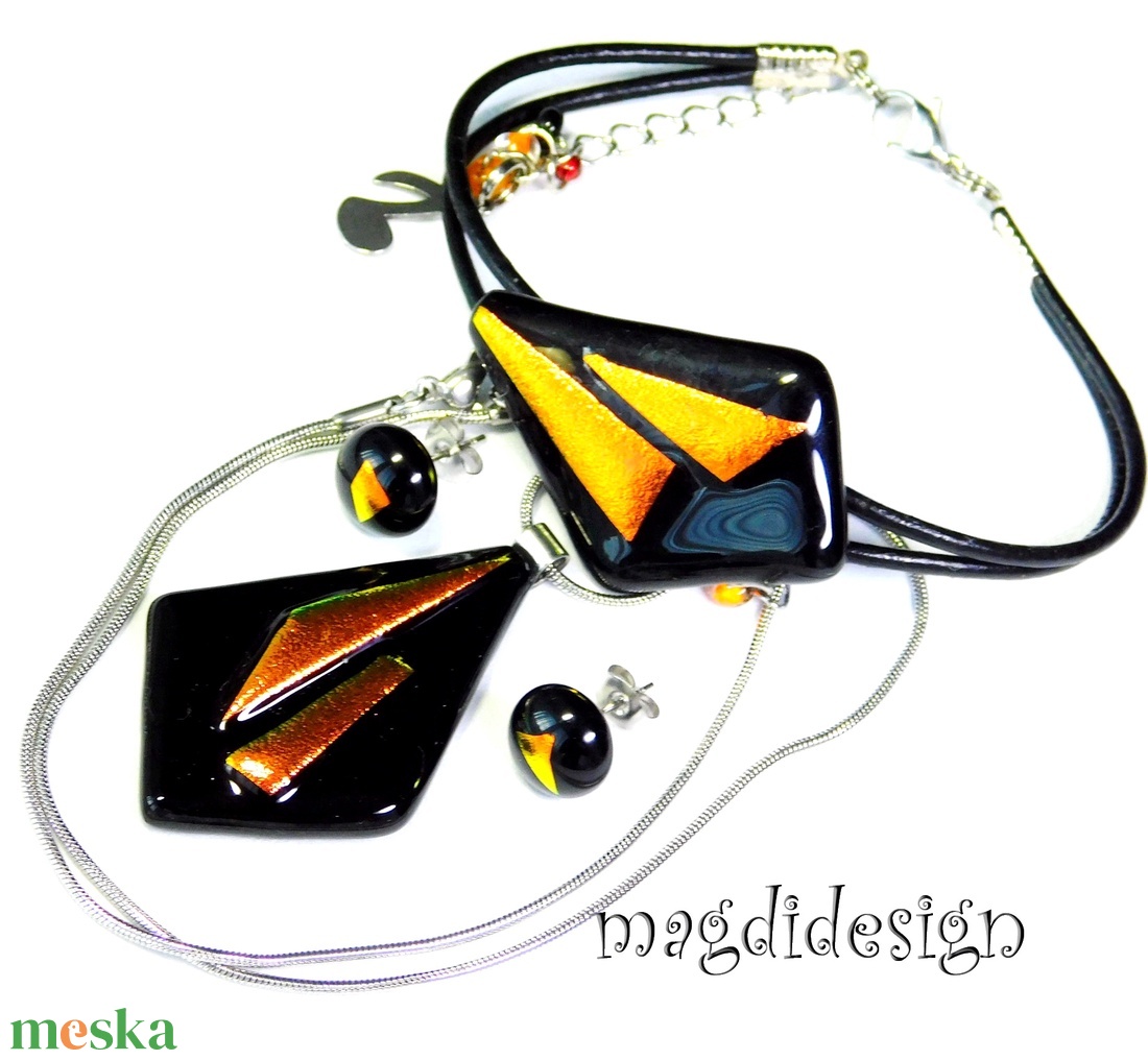 Narancs-fekete dichroic üvegékszer szett nyaklánc, karkötő, fülbevaló - ékszer - ékszerszett - Meska.hu