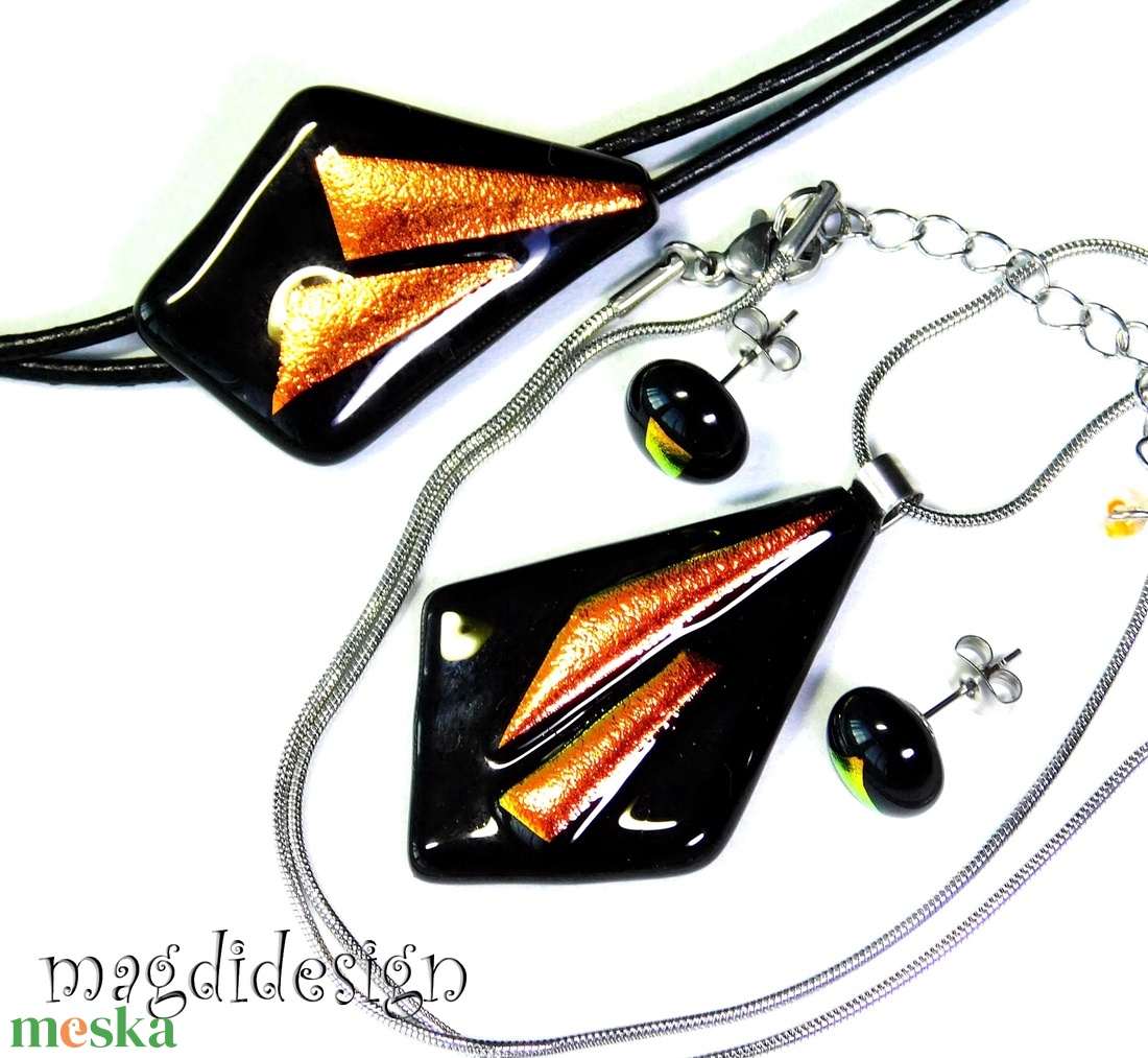 Narancs-fekete dichroic üvegékszer szett nyaklánc, karkötő, fülbevaló - ékszer - ékszerszett - Meska.hu