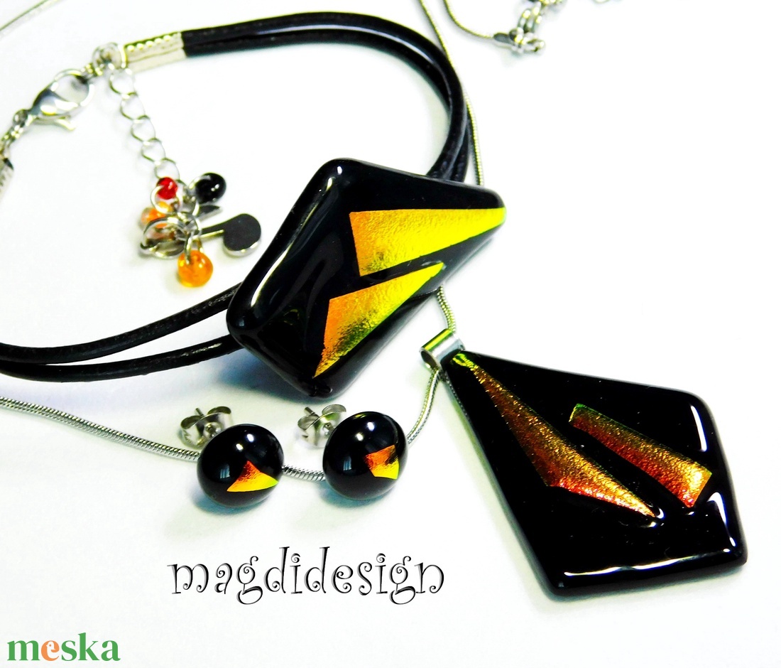 Narancs-fekete dichroic üvegékszer szett nyaklánc, karkötő, fülbevaló - ékszer - ékszerszett - Meska.hu