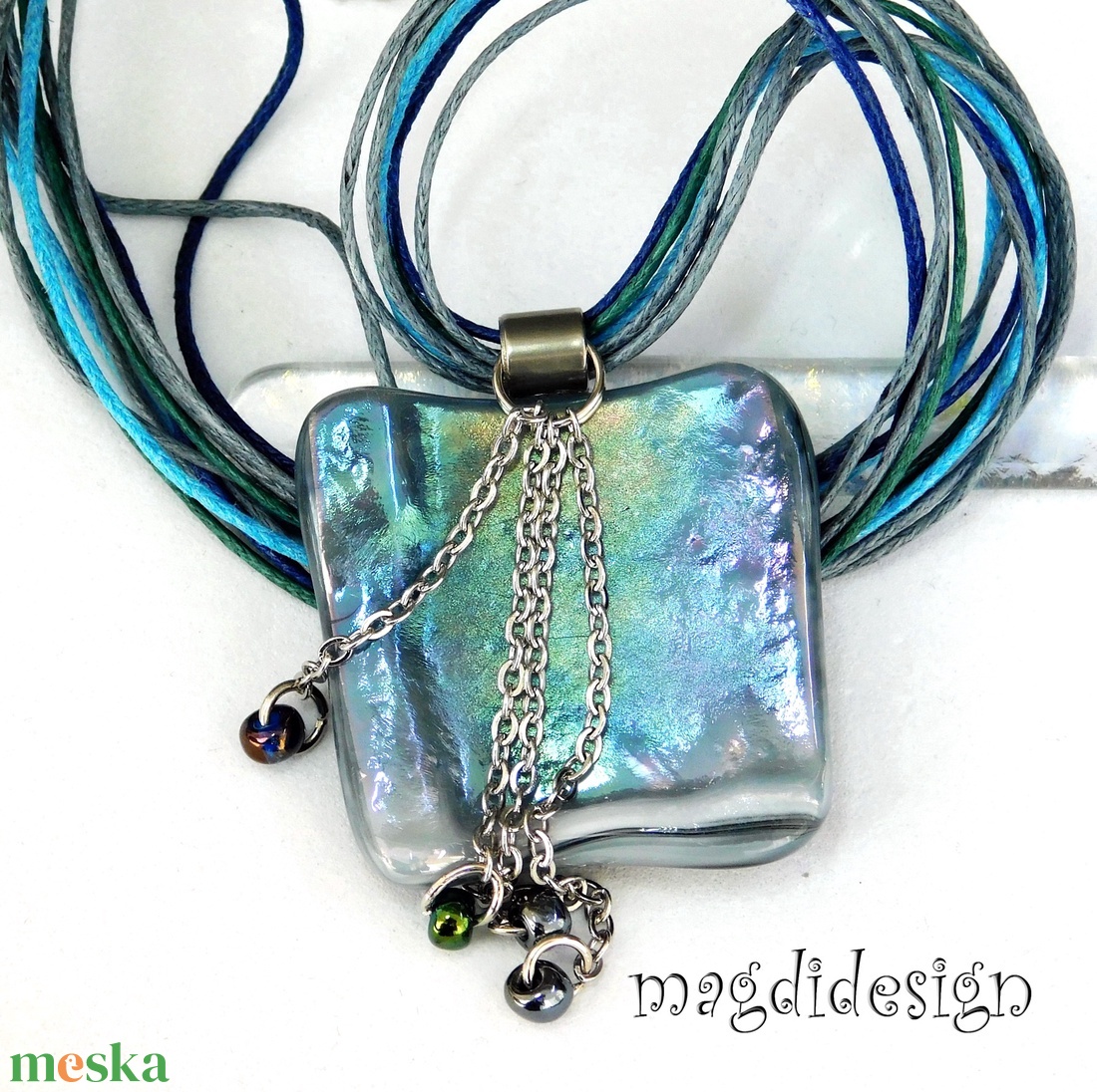 Ezüst-türkiz mélység selyemcukor üvegékszer medál - ékszer - nyaklánc - medálos nyaklánc - Meska.hu